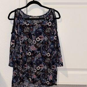 Floral Paisley Cold Shoulder Blouse - Blue and Pink